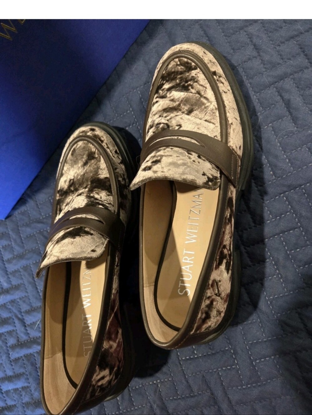 Stuart Weitzman Crushed Velvet Penny Loafers in Beige Brown